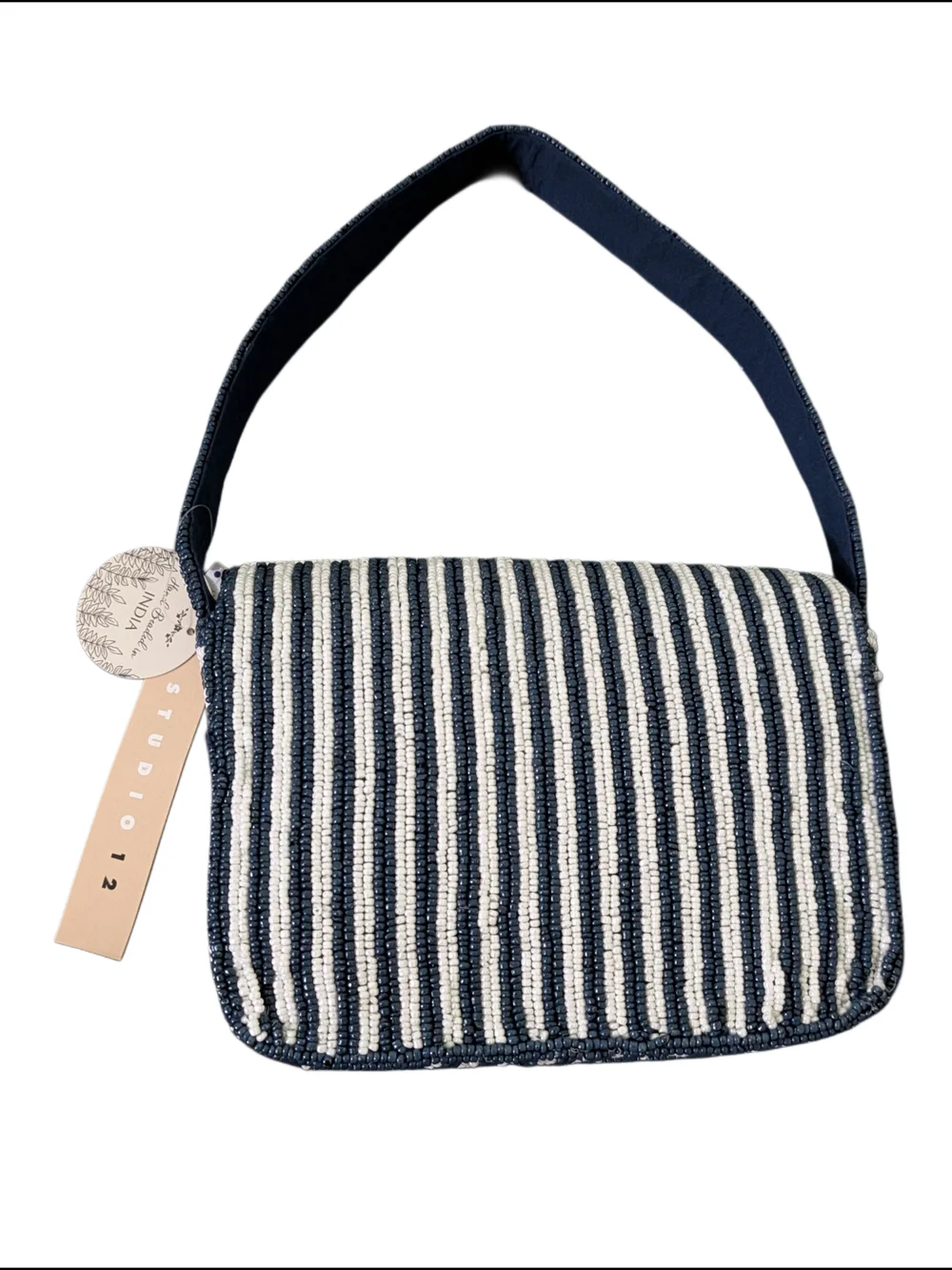NWT Artisanal Hand Beaded Statement Navy and White Striped Dainty Purse - Picture 2 of 4